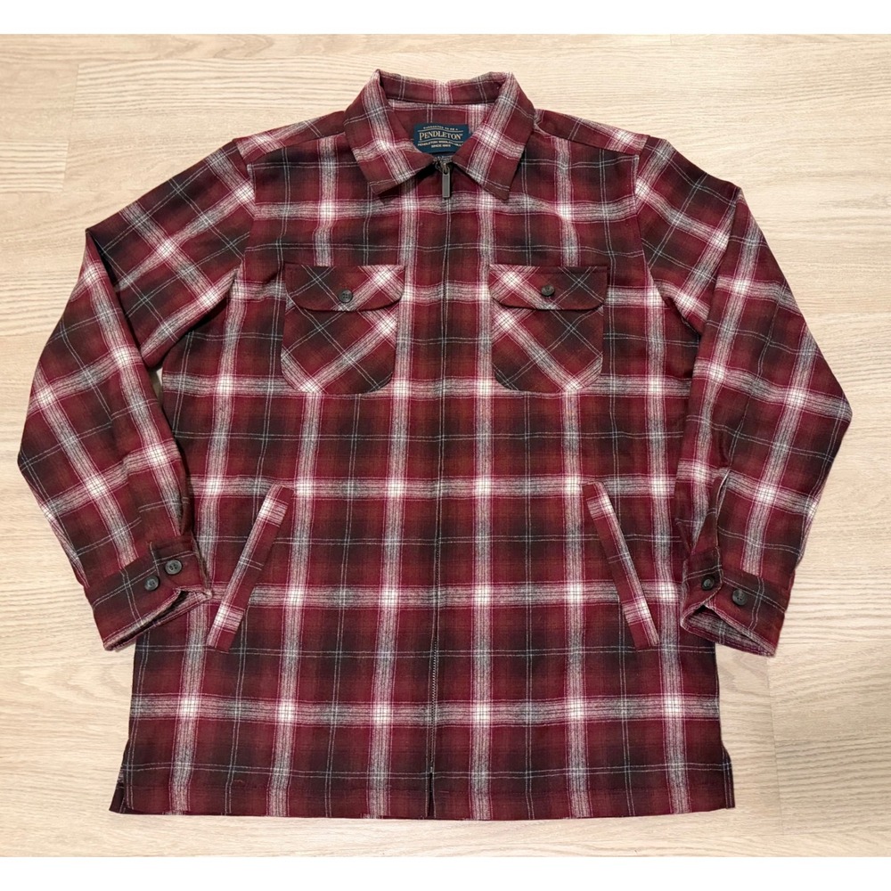 NWOT Pendleton Virgin Wool Flannel Shirt Jacket Mens L Red Plaid Full Zip